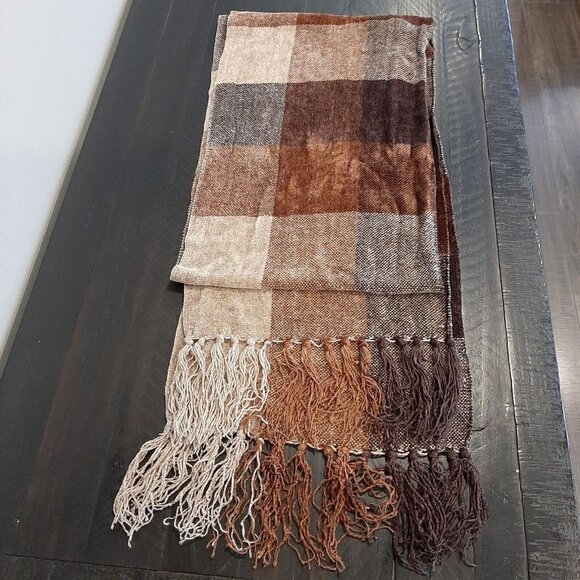 Unbranded Accessories - ❌SOLD❌ Brown Plaid Scarf Chenille Rectangular Fringe Fall Winter Womens Mens